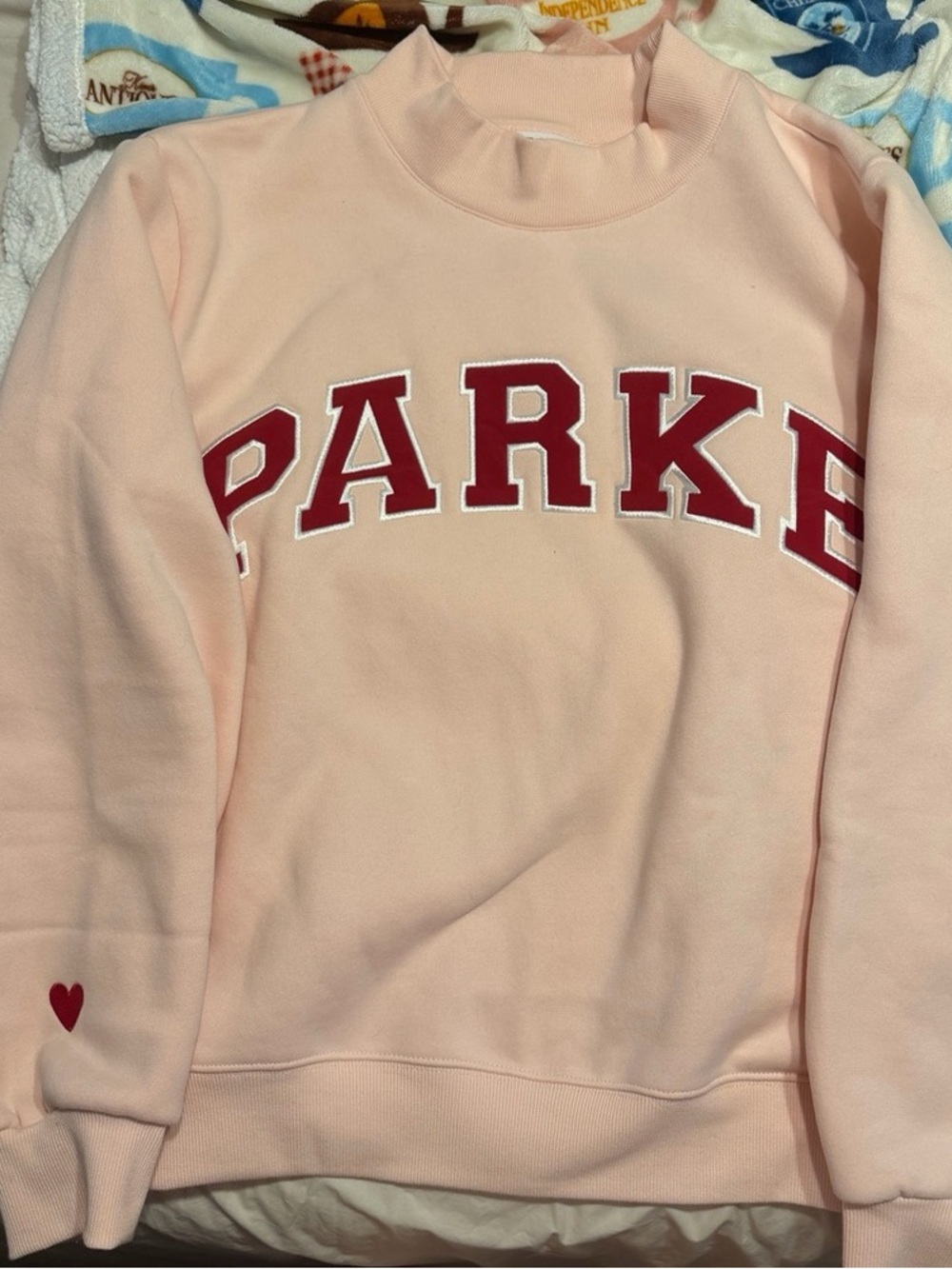 Parker Soft Pink Crewneck Sweatshirt with Red Lettering